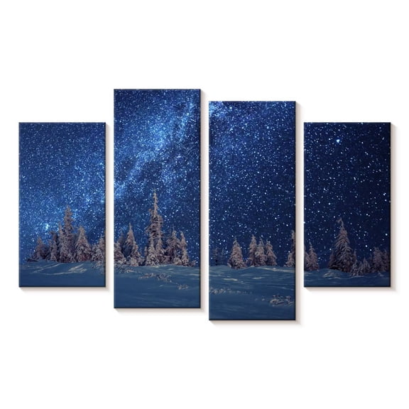Elephant Stock Winter Forest Over Milky Way Wall Art - Horizontal Multi Panel Canvas - Living Room Wall Decor - Astronomy & Space Multi Panel - Blue And Beige Decor - 24" x 14"