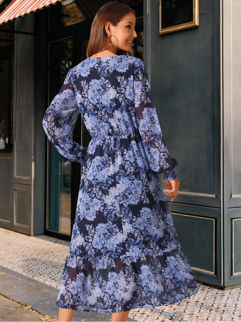 long sleeve blue floral midi dress Odella Floral Analisa Smocked Midi Dress Curve BLUE-WHITE / 1X by Sugarlips