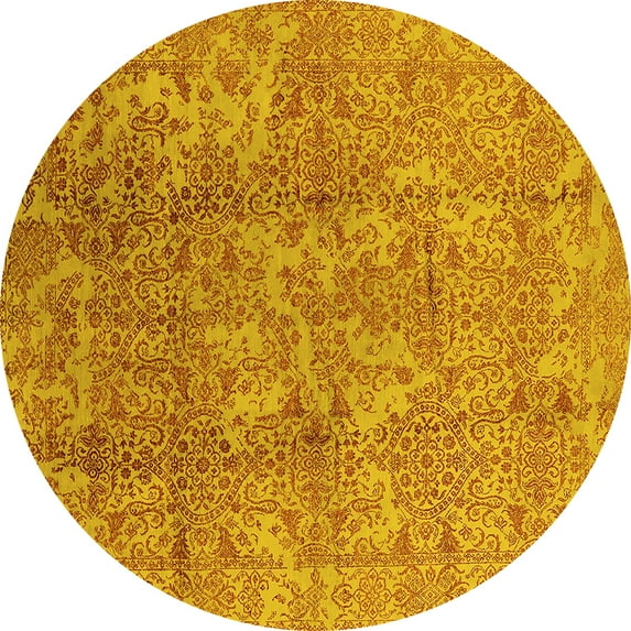 Ahgly Company Machine Washable Indoor Round Oriental Yellow Industrial Area Rugs, 7' Round