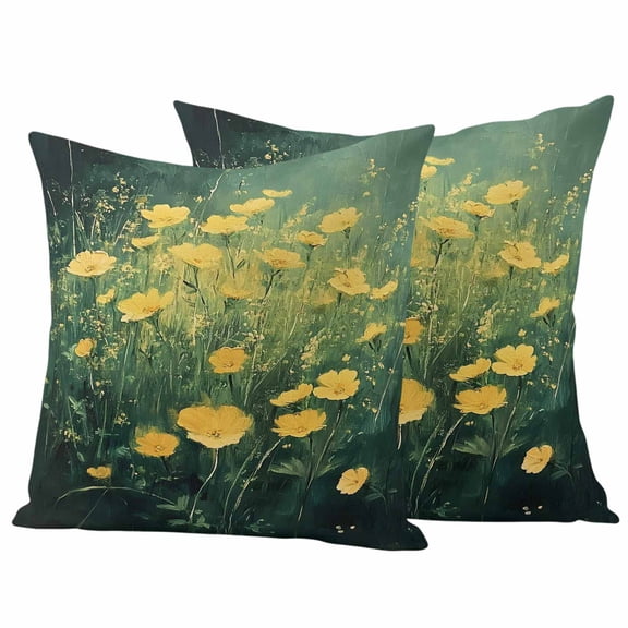 Spring Floral Outdoor Waterproof Pillow Covers, Yellow Green Pastoral Botanical Oil Painting Decorative Square Throw Pillowcase Sofa Cushion Sham for Patio/Couch/Chair, 18"x18" 2 Pack