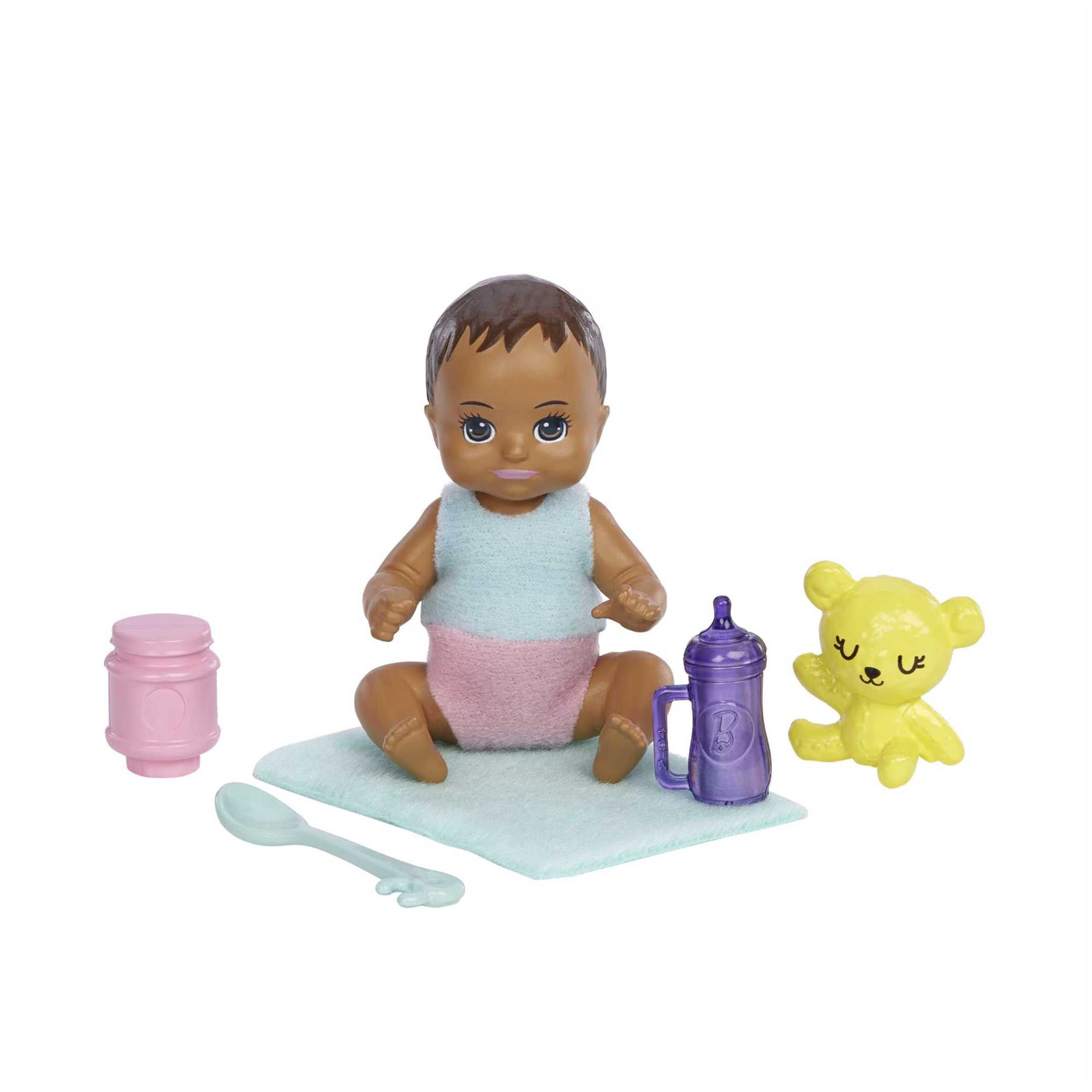 Barbie Skipper Babysitters Inc Brunette Doll in Flowered Skirt with Baby Doll & 5 Themed Pieces