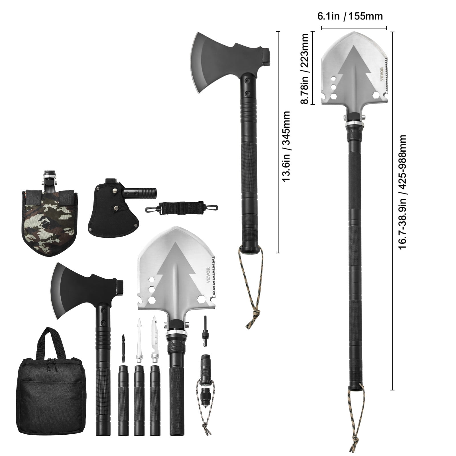 VEVOR Survival Shovel Survival Axe, 16-in-1 Camping Folding Shovels with Hatchet, Stainless Steel Tactical Shovel Hatchet Combo, Multifunctional Emergency Survival Gear Equipment for Camping Hiking