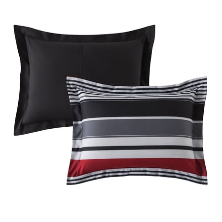 MAINSTAYS ALL IN ONE REVERSIBLE COMFORTER AND SHEET SET- 7 PIECE, KING, RED AND BLACK STRIPE