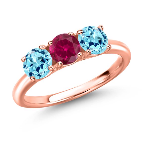 Gem Stone King 18K Rose Gold Plated Silver Red Created Ruby and Blue Apatite Engagement Ring for Women | 1.59 Cttw | Round 5MM | Gemstone July Birthstone | Size 5