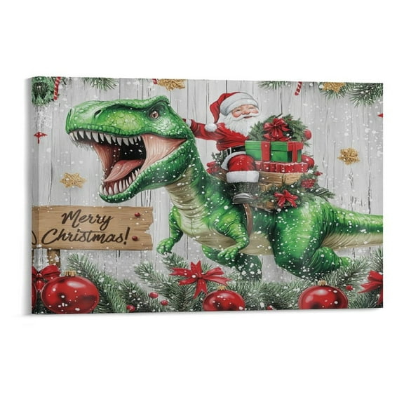 Winter Christmas Funny Santa Claus Riding Dinosaur Xmas Ball Snowflake Canvas Prints Wall Art，Winter Scene Decor Wooden Framed for Living Room Bedroom Office 12×8 inch