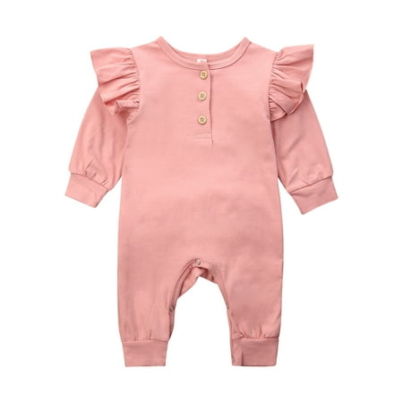 

Spring hue Girl s Solid Color One-piece Jumpsuit Long Fly Sleeve Front Button Open Collar Baby Playsuit for Spring and Autumn Wear