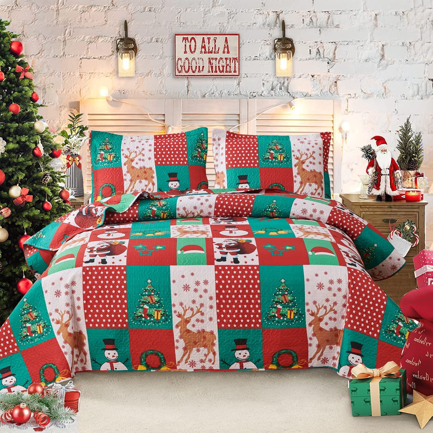 Smuge Reversible Christmas Santa Claus Bedding Set Green Red Plaid Twin Size Lightweight Snowflake Quilt Set Reindeer Bedspread Snowman Coverlet with 2 Pillow Shams