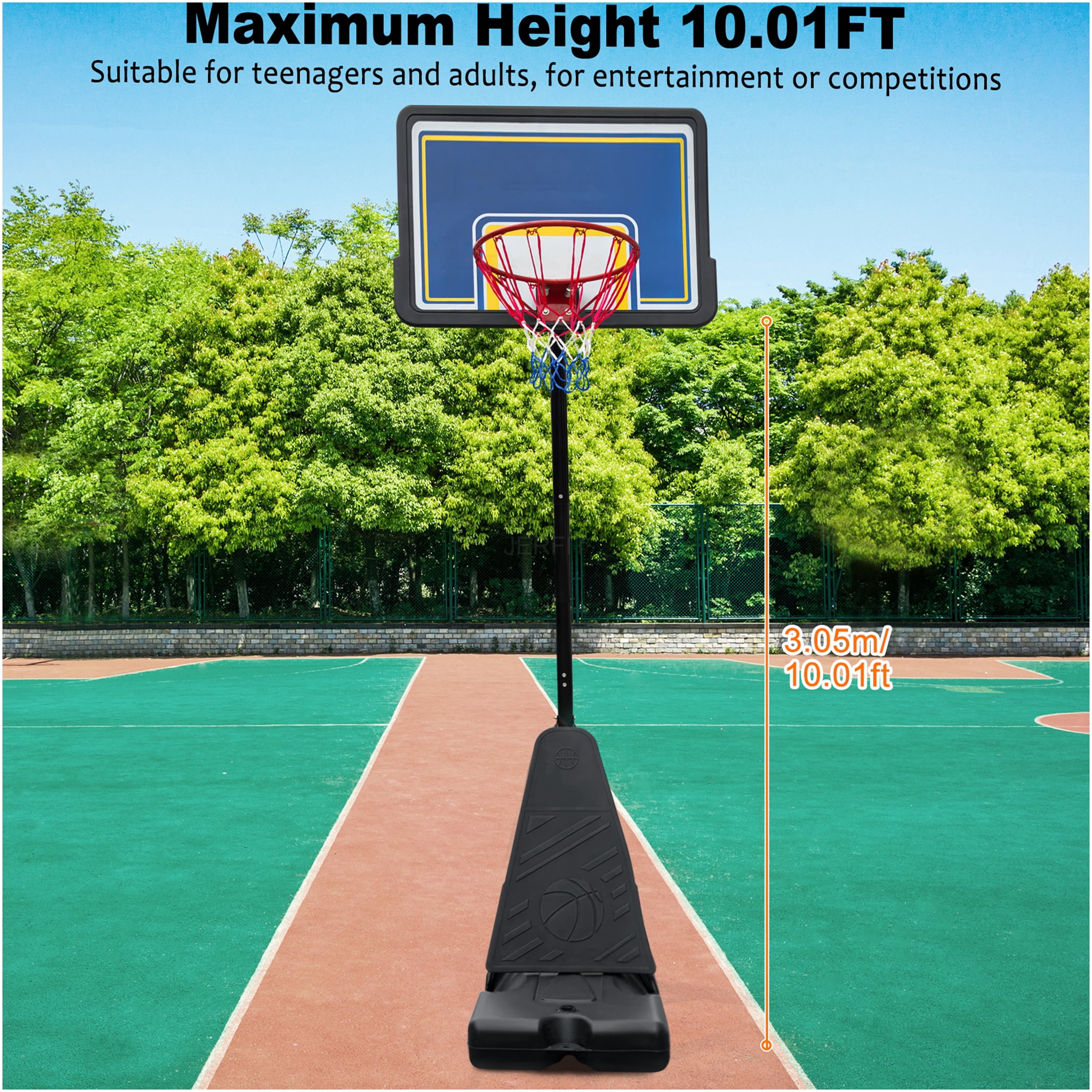 JERFIT Portable Basketball Hoop System with 39" Backboard, Adjustable Height 8-10 ft, Rebound Board, Wheels for Indoor Outdoor Use, Youth & Adults