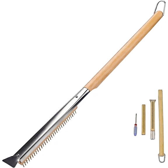 RVKXHD 26” Pizza Oven Brush with Scraper - Heat Resistant Brass Bristles, Extra Long Handle - Compatible with Ooni Ovens, Outdoor Ovens, BBQ Tools, Baking Stones and Griddles- Includes Spare Head
