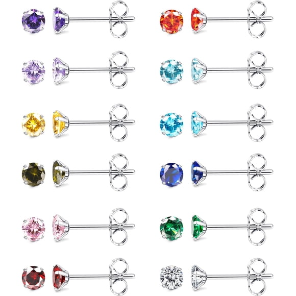 JeweBella 12Pairs Silver Stud Earrings for Women Girls Hypoallergenic Surgical Steel Earrings Birthstone Earrings Small Multicolor Cubic Zirconia Stud Earrings Set Cartilage Sleeper Earrings 3/4/5mm
