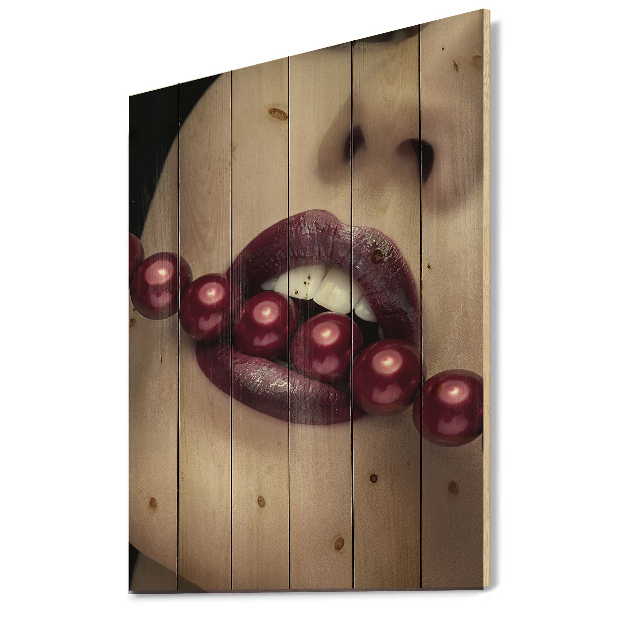 Designart 'Girl Bitting With Red Lips With Red Pearls' Modern Print on Natural Pine Wood