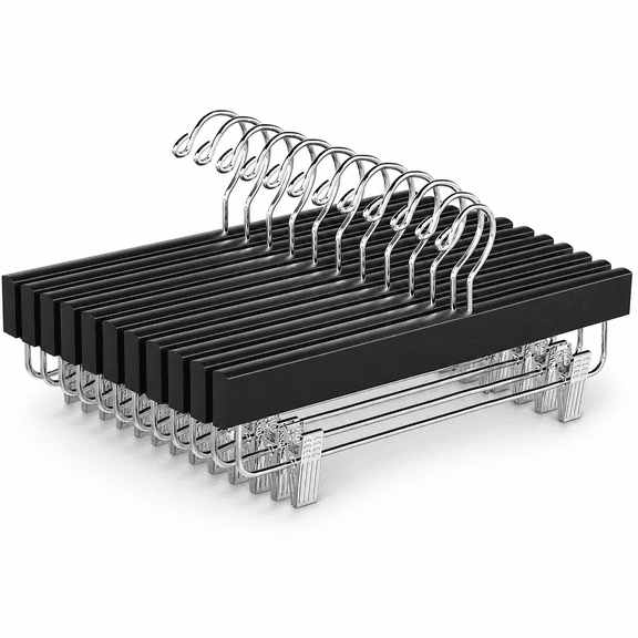 Wooden Pants Hangers Black 10 Pack Adjustable Clip Skirt Holder