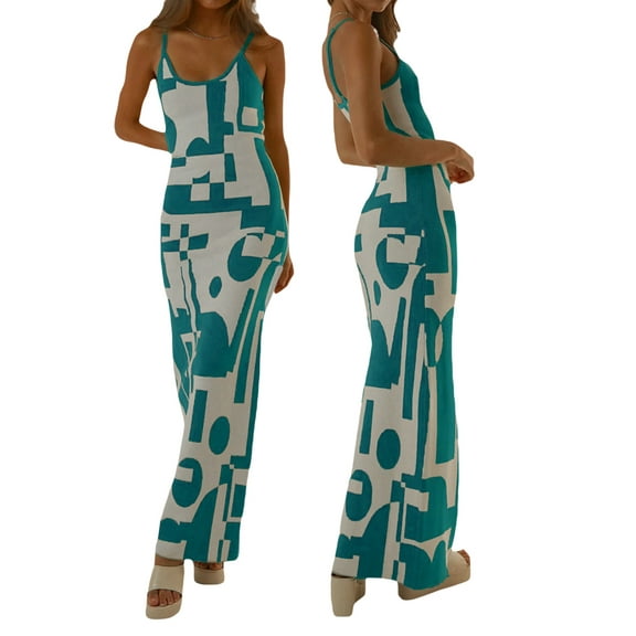 Baby Sweetie Women Knitted Sleeveless Long Dress Printed Summer Casual Spaghetti Strap Long Party Dress for Cocktail Beach Streetwear