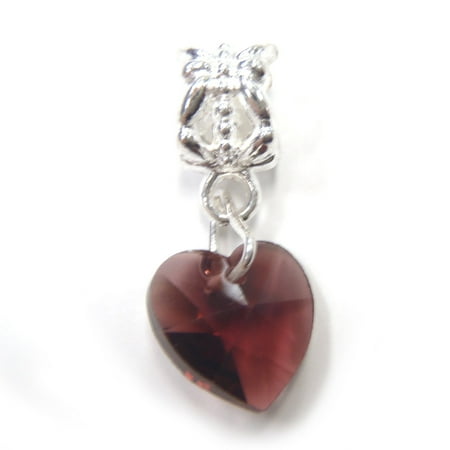 3 Beads - Red Purple Crystal Heart Dangle Glass Silver European Charm Bead E1216