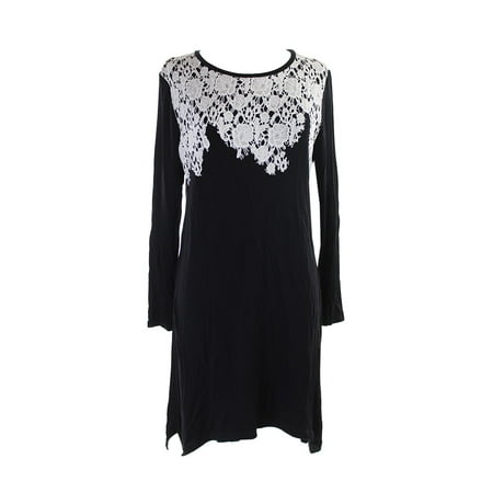 Kensie New Black Long-Sleeve Lace-Applique French Terry Dress M