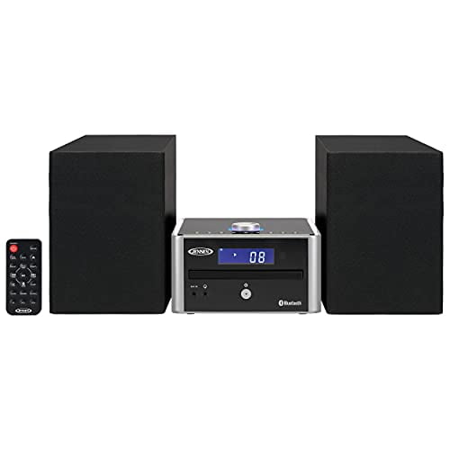 Jensen JBS-210 Sistema estéreo compacto moderno de 3 piezas con Bluetooth, reproductor de CD, estéreo digital AM/FM con altavoces, entrada auxiliar y control remoto incluidos (negro/plateado)