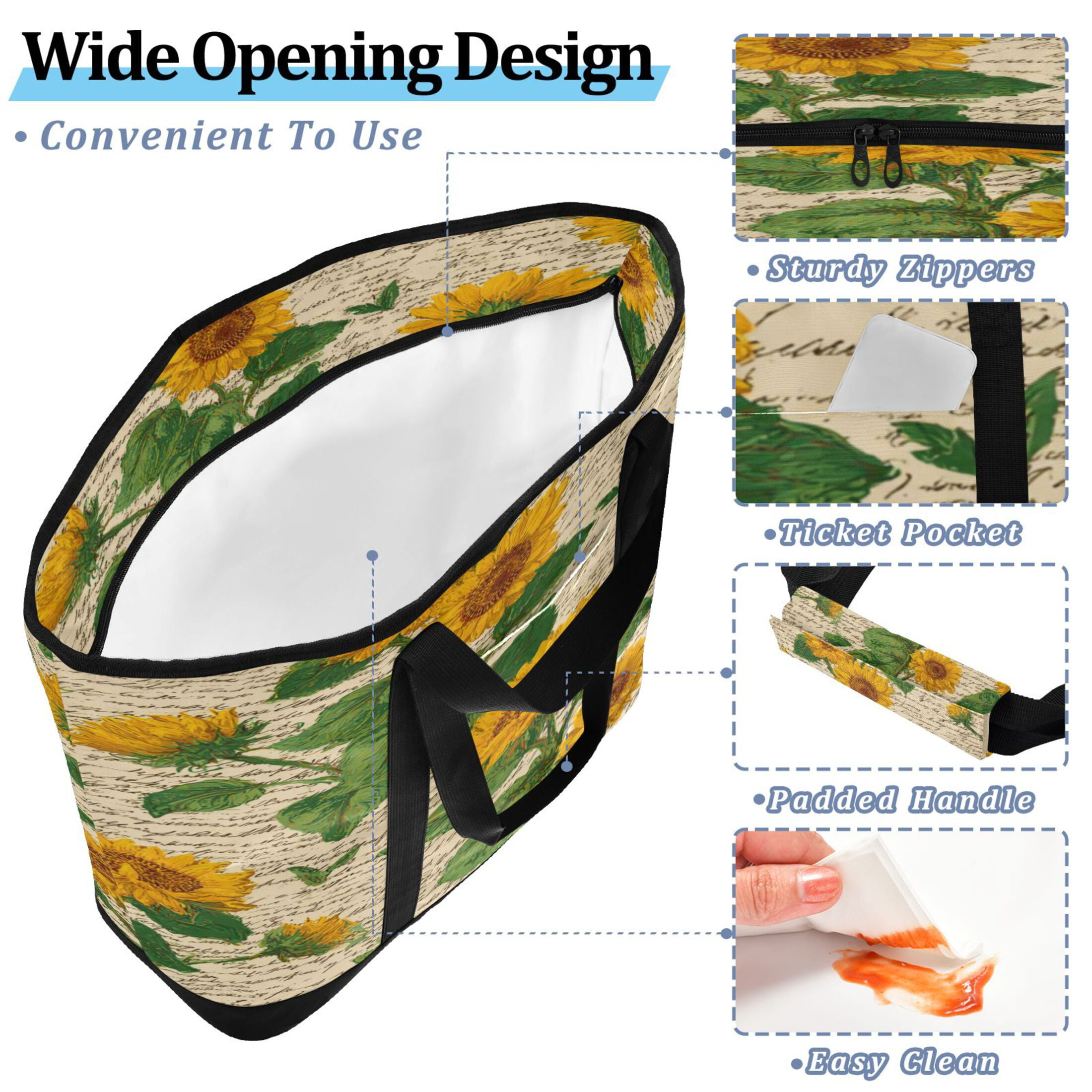 Extra-Large Wide Opening Design Capacity Hand-Held Ice Pack Thickened Insulation Layer For Long-Lasting Cold Retention For Outdoor Shopping Picnics And Camping Retro-chic Sunflowers