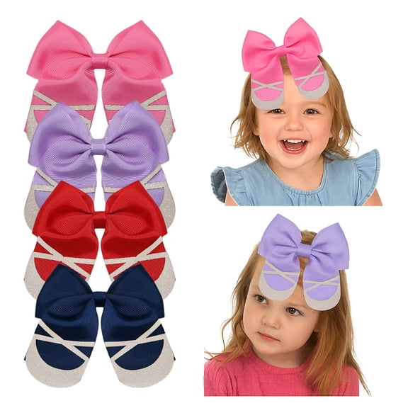 JoyBowie 4pcs 4.5in Ballet Shoe-Themed Hair Bows with Glitter Accents Multi-Color Clips