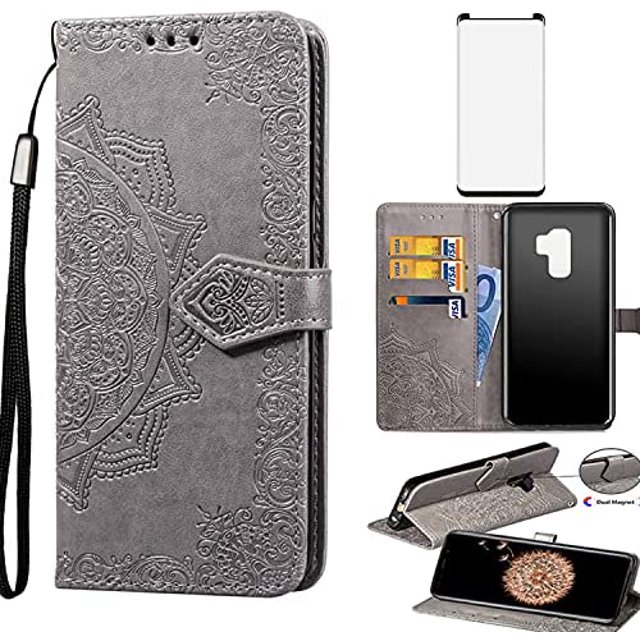 Asuwish Compatible with Samsung Galaxy S9 Plus Wallet Case Tempered Glass Screen Protector and Leather Flip Cover Card