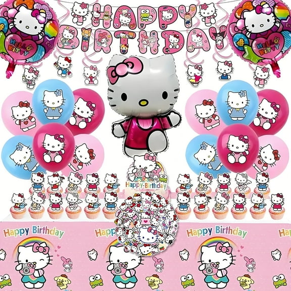 Kitty Party Supplies Set, Birthday Party Favors Include Banner, Balloons, Hanging Swirls, Cake Cupcake Toppers, Tablecloth, Stickers for Girls Kitty Theme Party
