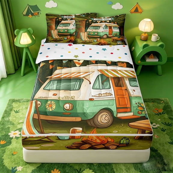catabedysis Retro Camper Zipper Twin Comforter Sets with Fitted Sheet and 2 Pillowcases,Camp Life Print Zipper Bedding Set For Boys,Multicolor,Polkadot Reversible,4-Piece
