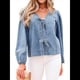 thumbnail image 3 of Blusa Vaquera con Cuello en V y Mangas Largas Abullonadas con Lazo Frontal para Mujer, Ideal para Salir de Verano Azul Pavo Real S, 3 of 8