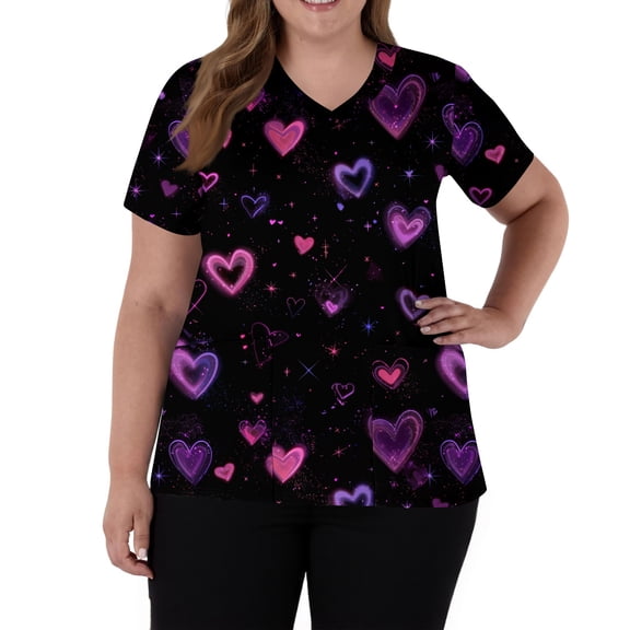 Fabrcox S-5XL Valentine Day Scrubs for Women Plus Size Love Heart Graphic Holiday Womens Scrub Tops V Neck Short Sleeve Nurse Working Uniforms with Pockets
