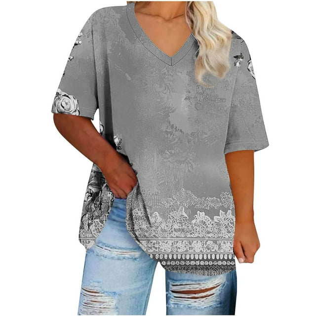 Tamaño Más Manga Corta Tops para la Impresión de Cuello en V de las Mujeres, Color Sólido Base de Verano Camiseta Casual