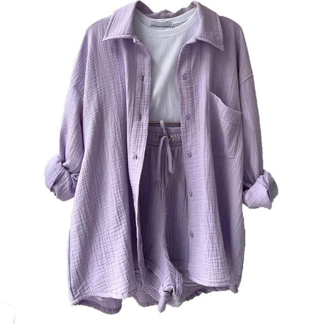 Conjunto de dos piezas de blusa de muselina de verano SCZ morado claro S