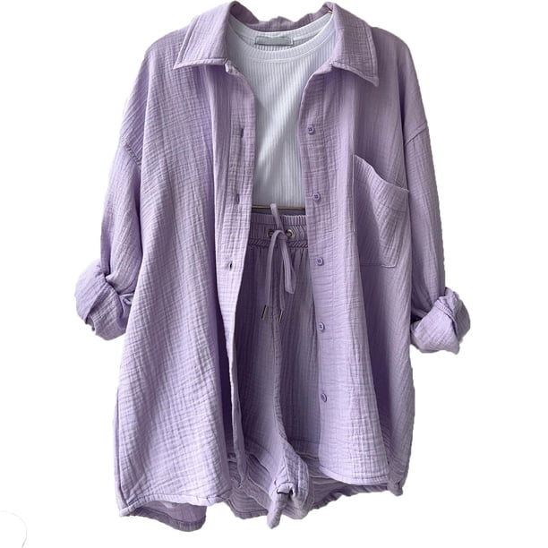Conjunto de dos piezas de blusa de muselina de verano SCZ morado claro S