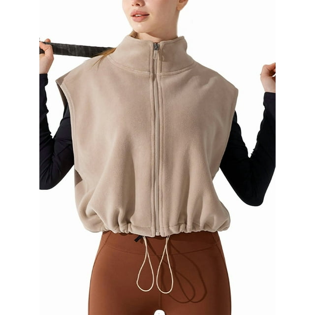 Chaleco Corto con Cremallera para Mujer, Abrigo Corto Cálido de Invierno Sin Mangas con Cuello Alto. Leche de Avena L