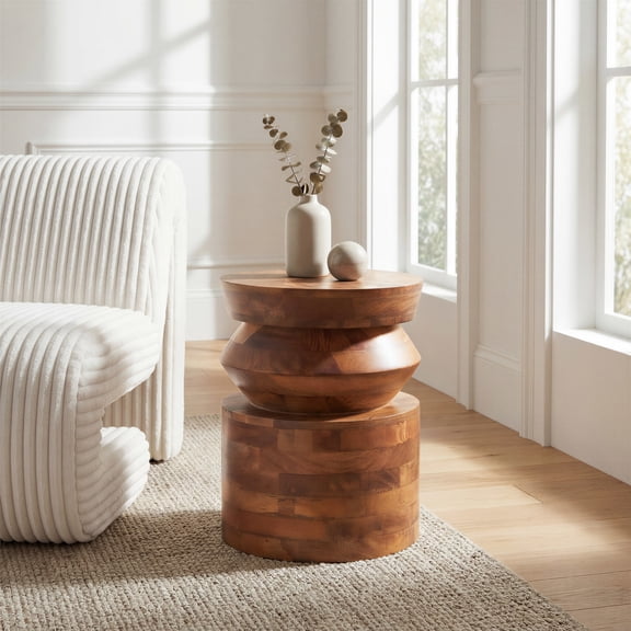 Kollam Side Table Walnut End Table, Modern Style, Mango Wood round shape tabletop, Mango Wood, Indoor Living