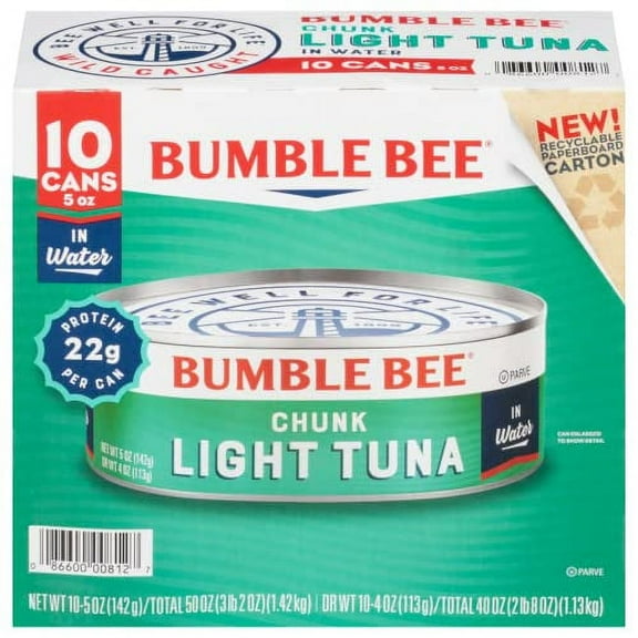 Bumble Bee Chunk Light Tuna in Water, 5 oz Cans (Pack of 10) - Wild Caught Tuna - 22g Protein per Serving - Non-GMO Project Verified, Gluten Free, Kosher - Great for Tuna Salad and Recipes