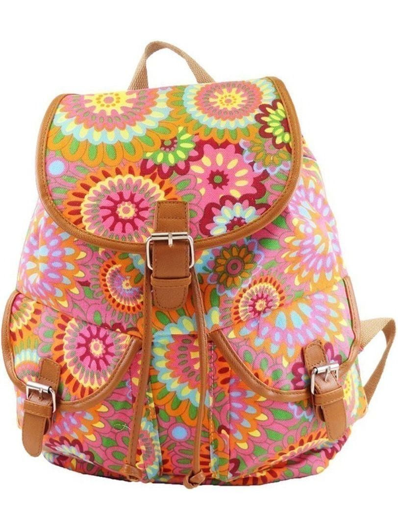 Hearty Trendy Girls Womens Pink Orange Abstract Flower Exterior Pockets Backpack by Hearty Trendy