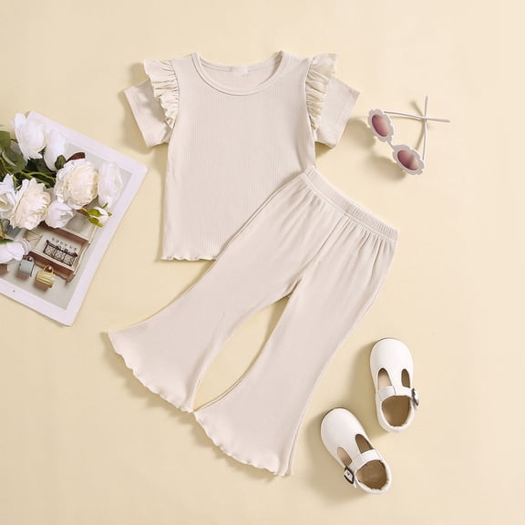 Two Piece Sets for Girls Size 1-5 Cute Going-Out Outfits Toddlers Kids Solid Color Ruffle Short Sleeve Tops and Pants Suits Set Summer