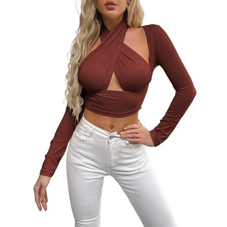 

JBEELATE Women Criss Cross Halter Corset Tops Solid Color Long Sleeve Hollow Wrap Bodycon Blouse Slim Fit Crop Tops