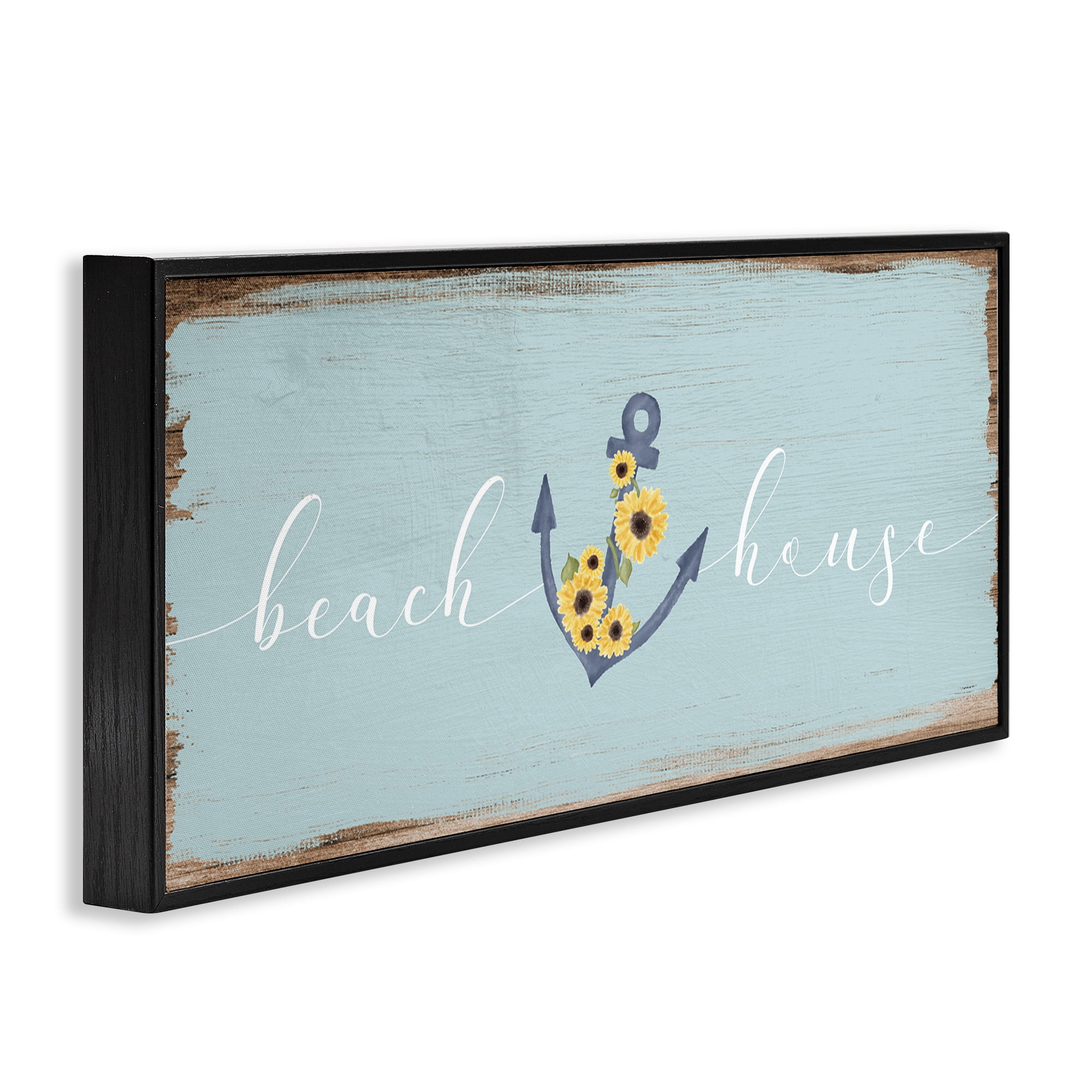 Stupell Industries Beach House with Floral Anchor Nature Painting Black Framed Art Print Wall Art, 24 x 10