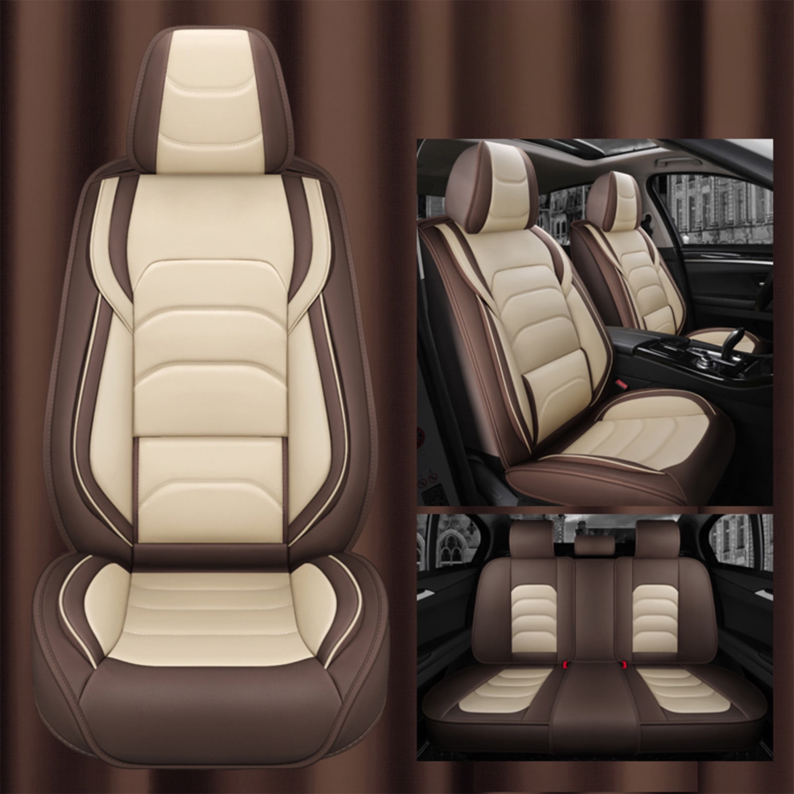 OTOEZ Universal Car Seat Cover, 5-Seat Full Set PU Leather, Front Rear Seat Protector, Waterproof Cushion Fit Most Honda Toyota Chevy Ford Nissan Vehicle Truck SUV