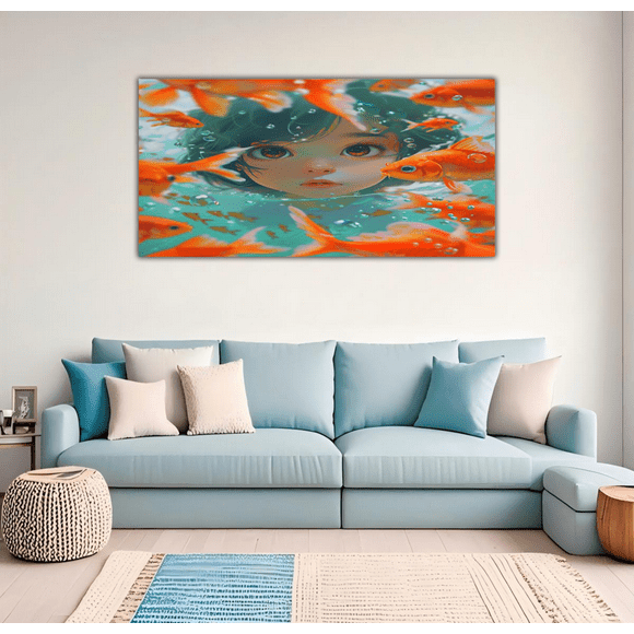 Erosebridal Japanese Anime Paintings Wall Decor Bedroom, Cartoon Girl Poster Prints 58x29, Koi Fish Wall Decorations for Living Room 58x29, Luxury Living Room Decorative