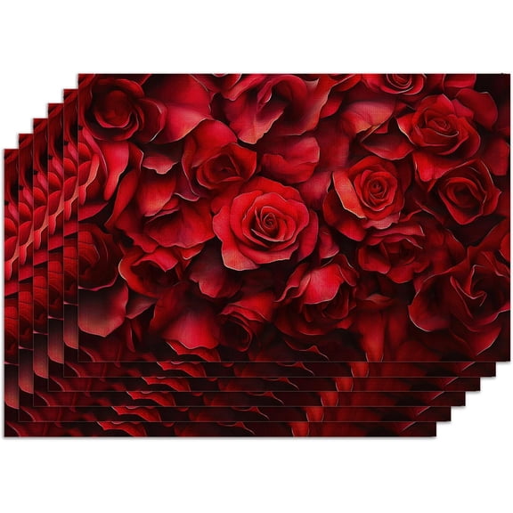 Dinner Placemats Set of 6,Red Rose Flower Fabric Heat Resistant Placemats,Washable ModernFloral Table Mats for Dining Room Table Decor Home Restaurant Cafes Holiday Party 12x18 Inch