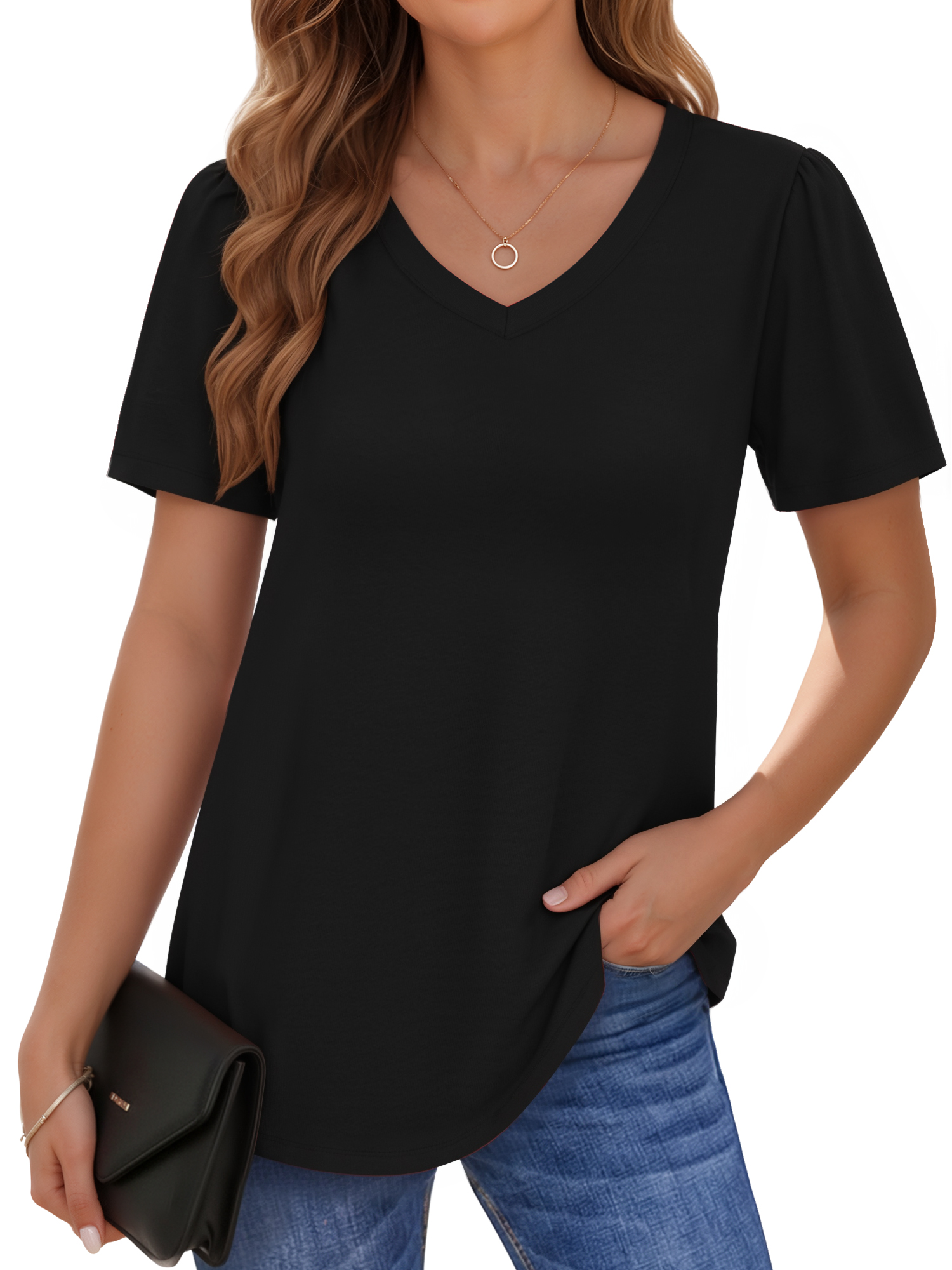 MOYIKO Women Summer Top V Neck Basic T Shirts Short Puff Sleeve Tee Casual Loose Everyday Wear Black T-Shirt Clothes Size L