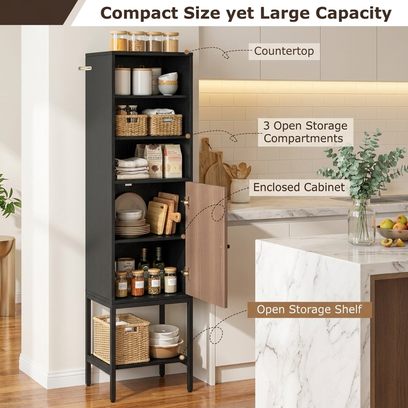 Vebreda Freestanding Bathroom Storage Cabinet, 57 Inch Bathroom Tall Cabinet with 1 Door and 4 Shelves Narrow Storage Unit with Adjustable