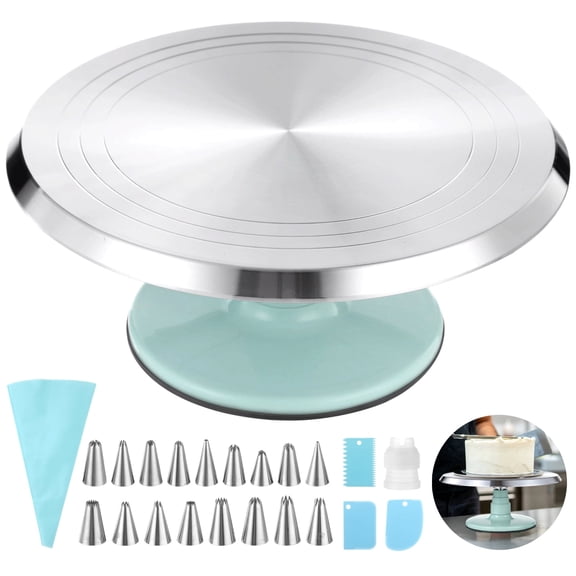 Aluminium Alloy Revolving Cake Stand Set, 12 in Cake Decorating Turntable with Piping Bag, 17 Piping Tips, 3 Plastic Scrapers, Coupler, Non Slip Rotating Platform for Baking and Decorating