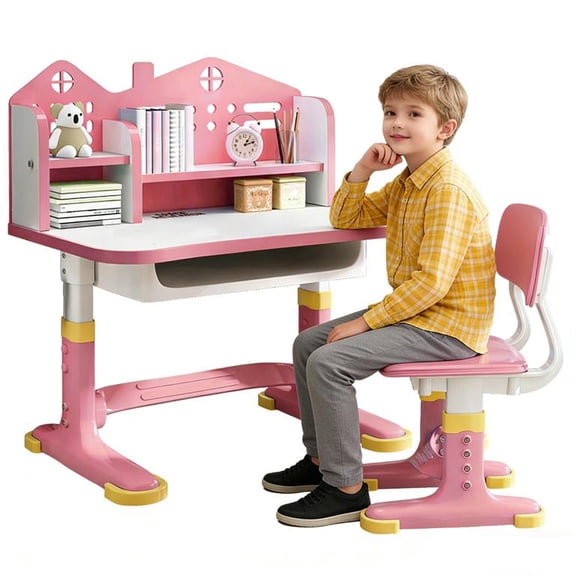YNCE Kids Desk and Chair Set, Height Adjustable Children's Study Desk with Spacious Storage Drawer, Golden Distance Preventing Myopia Design for Kids