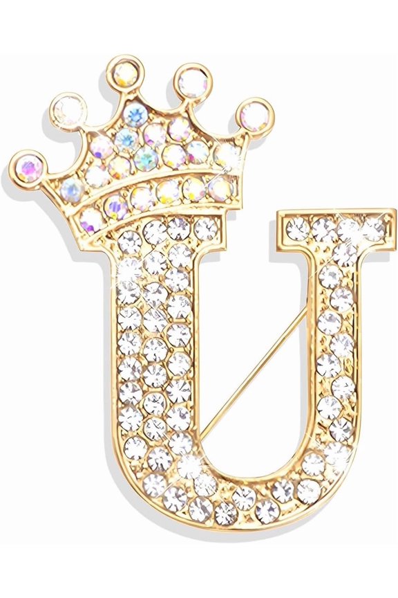 Gold Brooches and Pins for Women A-Z Letter Rhinestone Brooch Pins Gold Initial Crown Crystal Pin for Clothes Socks Backpacks Personalized Alphabet Jewelry Gift