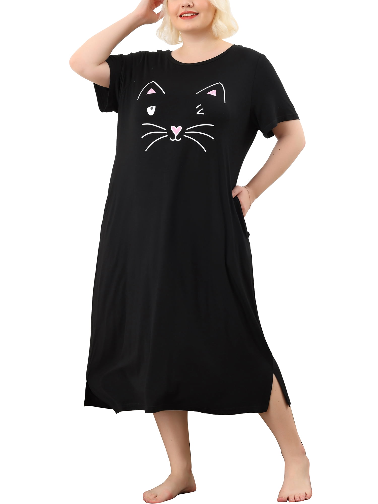 Unique Bargains Women's Plus Nightgown Short Sleeve Cat Print Nightshirt
