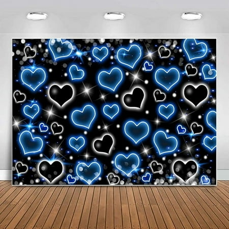 Custom Black Blue Heart Early 2000s Backdrop for Photography Old School Photoshoot Backdrops 90s Birthday Decorations Love Heart Photo Background Valentines Party Banner Portrait Selfile Decor 7x5ft