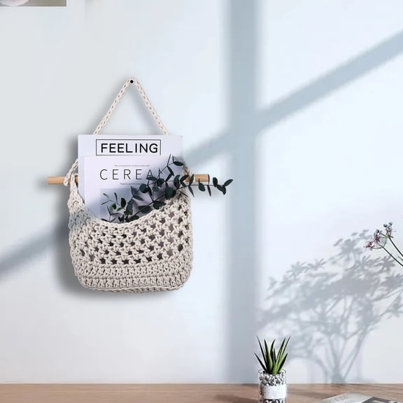 Healifty 2-Pack White Cotton Wall Hanging Fruit Basket with Tassel Macrame Design for Stylish Home Storage and Organization