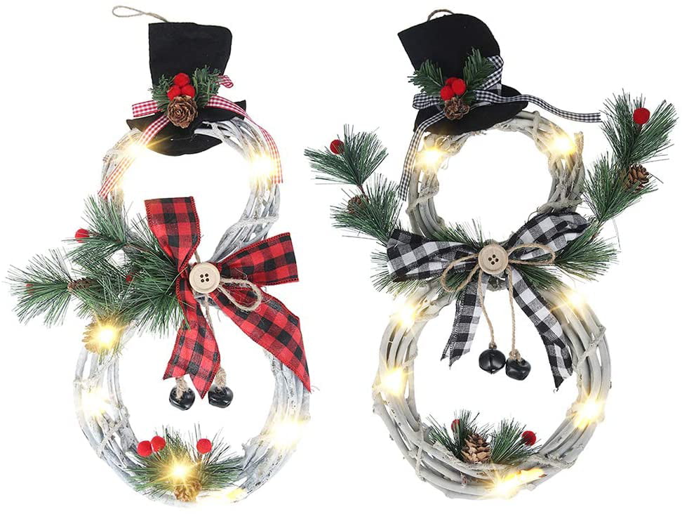 Christmas Wreath LED Front Door Wreaths Black white grid Snowman Artificial Wreaths with LED Fairy String Lights Bow Pine Cones Red Berries Plaid Bow-Knot for Xmas Home Wall Window Hall Décor 