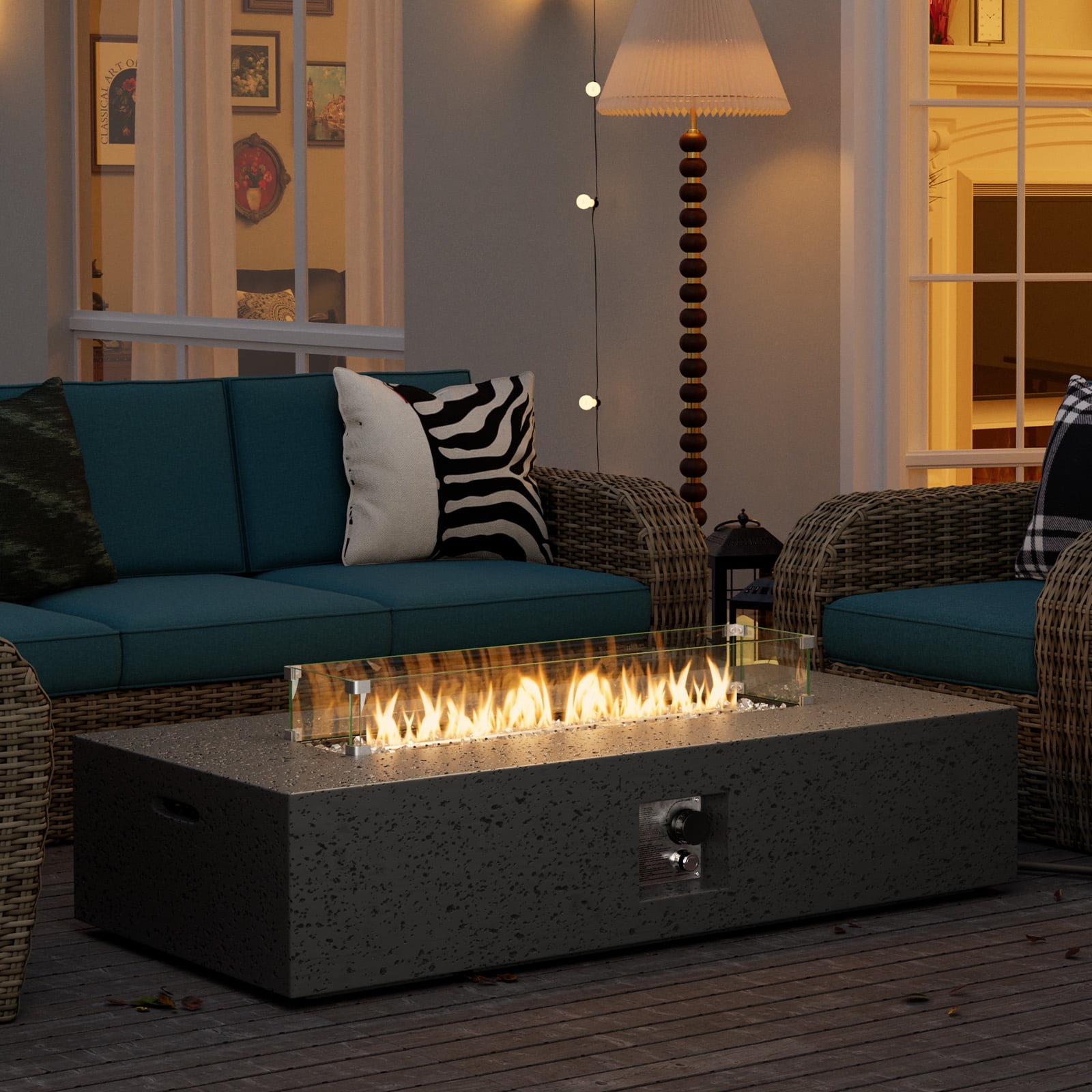 VENTOPYR 56" Rectangular Concrete Outdoor Fire Pit Table with Wind Guard & Fire Glass​
